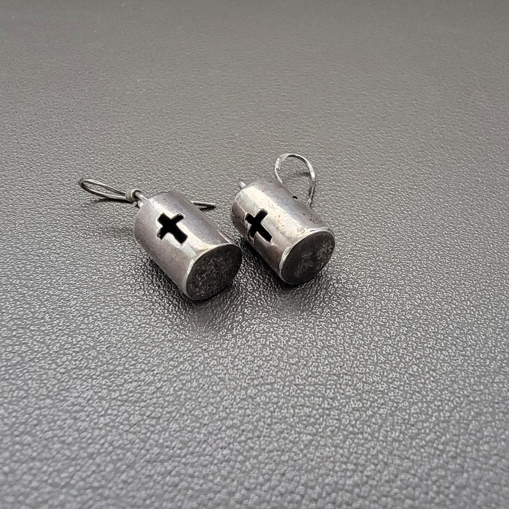 925 Sterling Silver Openwork Cross Drop Earrings | Oxidized Artisanal - Picture 3 of 6